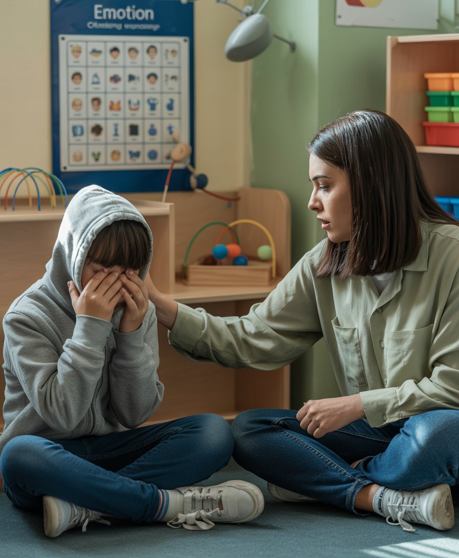 Teacher supporting an autistic student with emotional regulation using a visual emotion scale in a SPED classroom