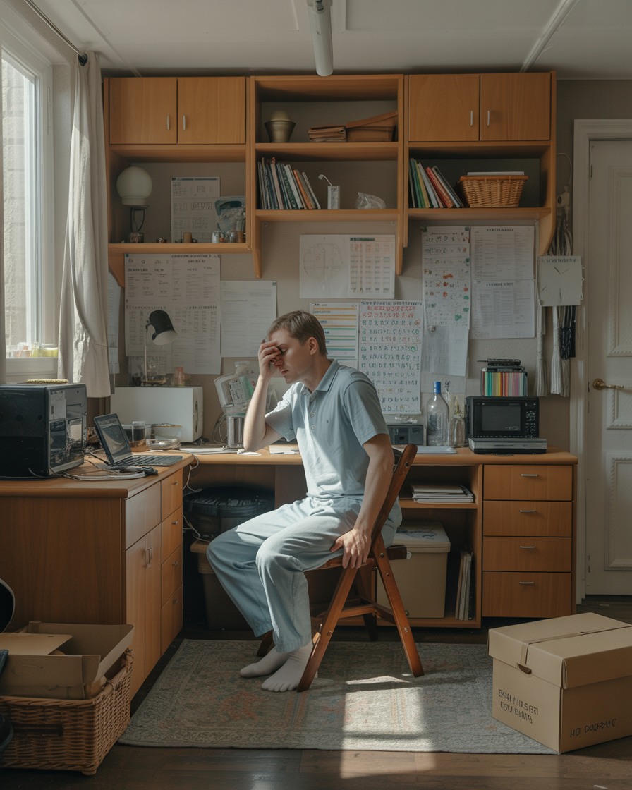 Adult surrounded by tasks and demands — illustrating the combined overwhelm of PDA and ADHD co-occurrence