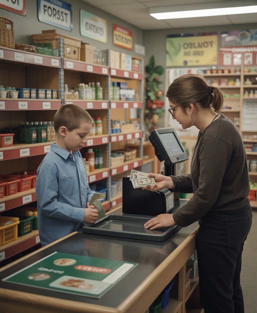 SPED students practicing community skills with a simulated store setup using real objects and money in a classroom