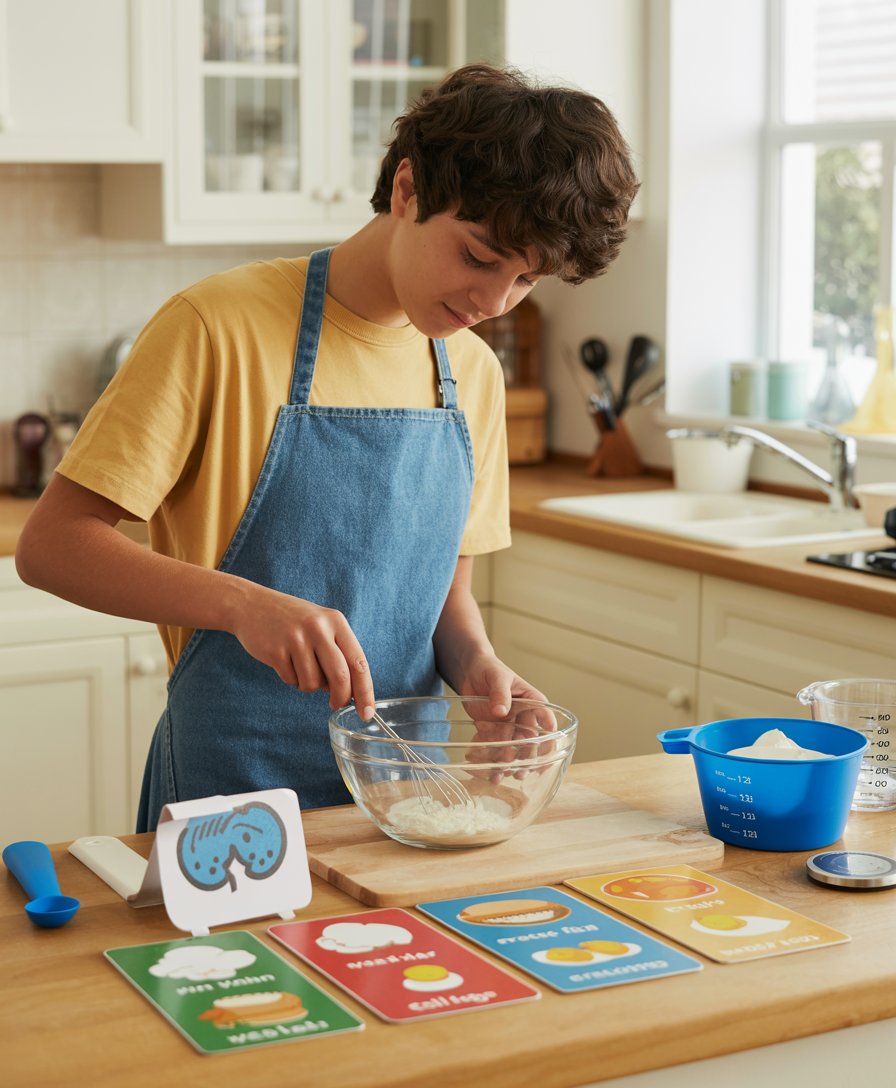 Teenage autistic student independently completing a functional task in a special education classroom, teacher observing with encouragement