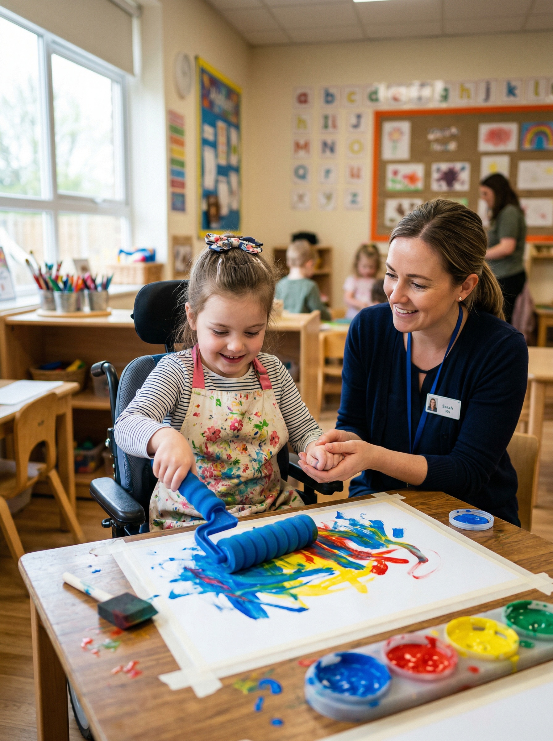 Child with limited hand mobility using adaptive painting tools with caregiver support in a classroom