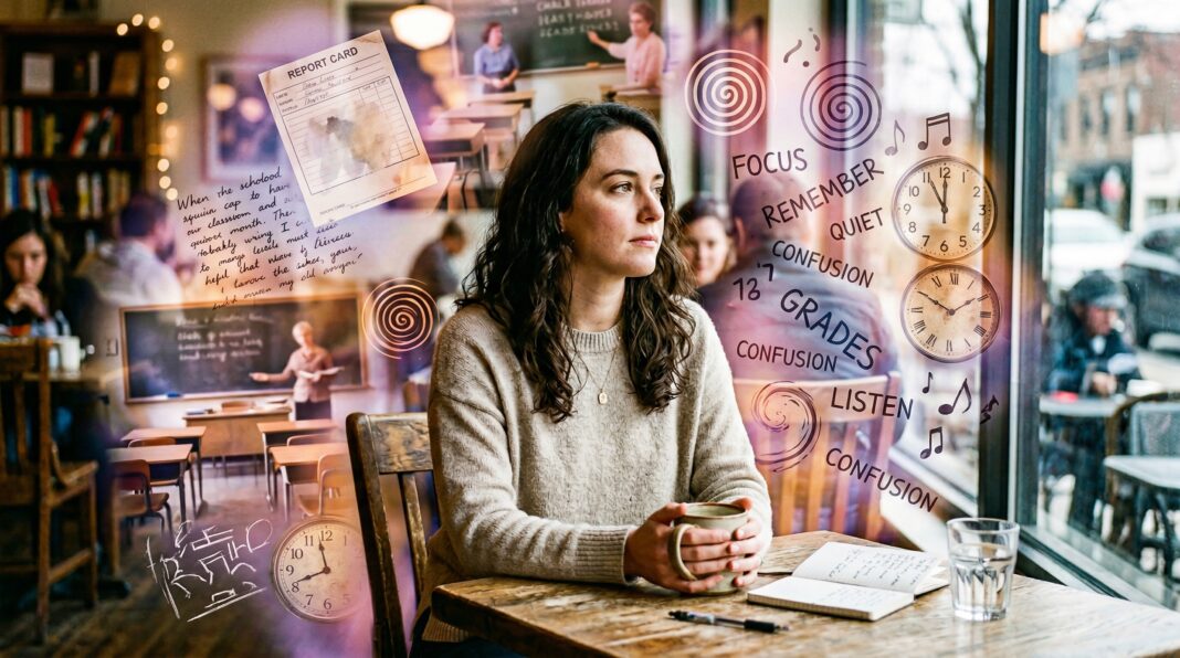 Adult woman with AuDHD sitting in a café, surrounded by overlapping memories of undiagnosed school years, report cards, and mental confusion words, representing late diagnosis in women.