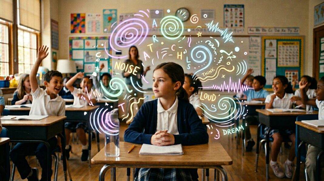 Split portrait showing a girl masking at school versus experiencing emotional overwhelm at home, representing after-school restraint collapse in AuDHD girls.