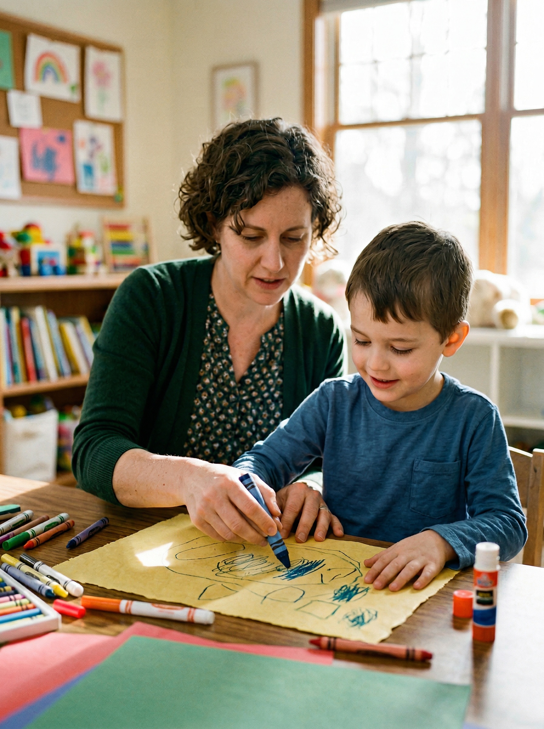 Caregiver using hand over hand technique to help a child with limited hand function complete a craft activity