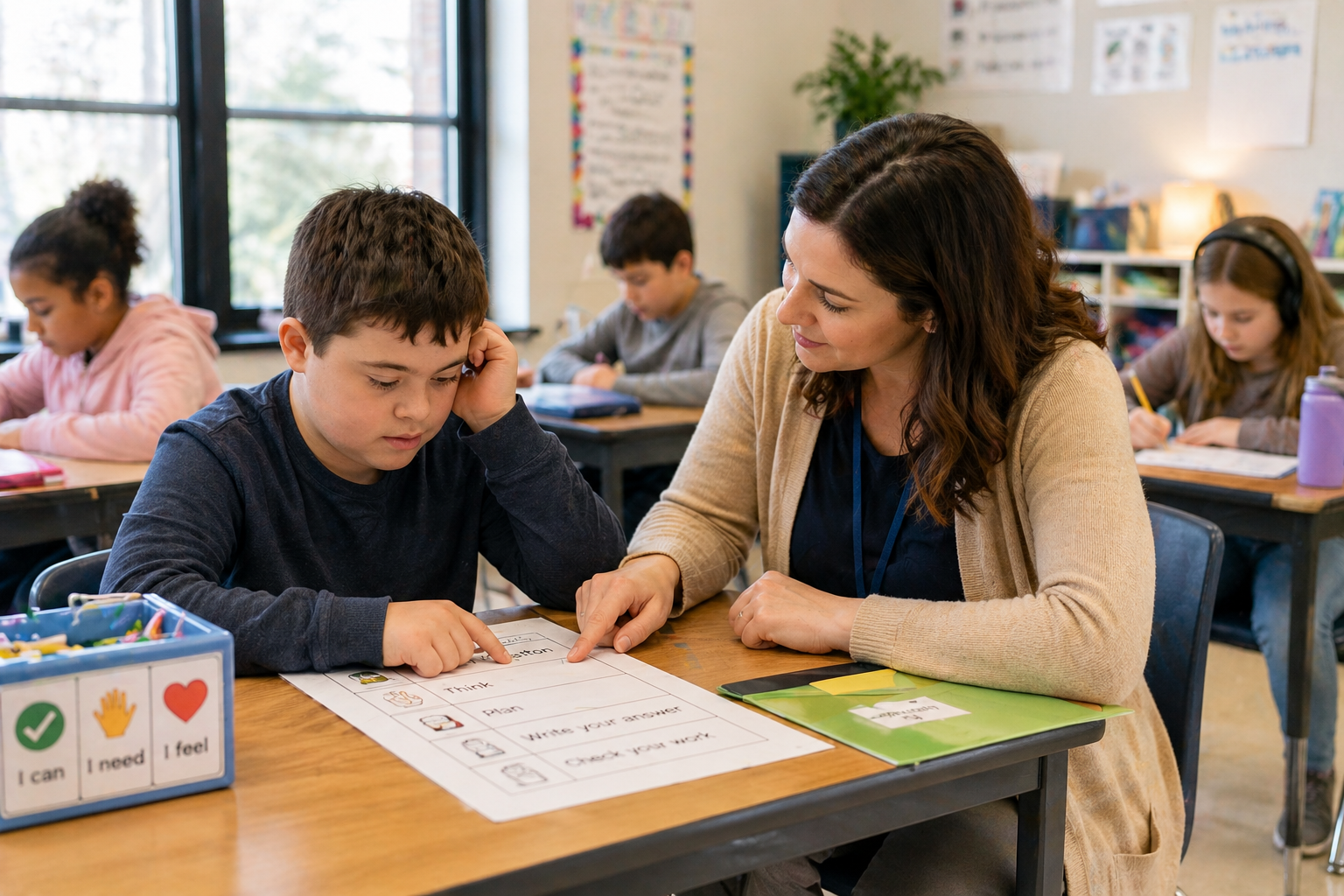 IEP classroom accommodations — teacher supporting a student with visual aids and flexible seating in a special education setting