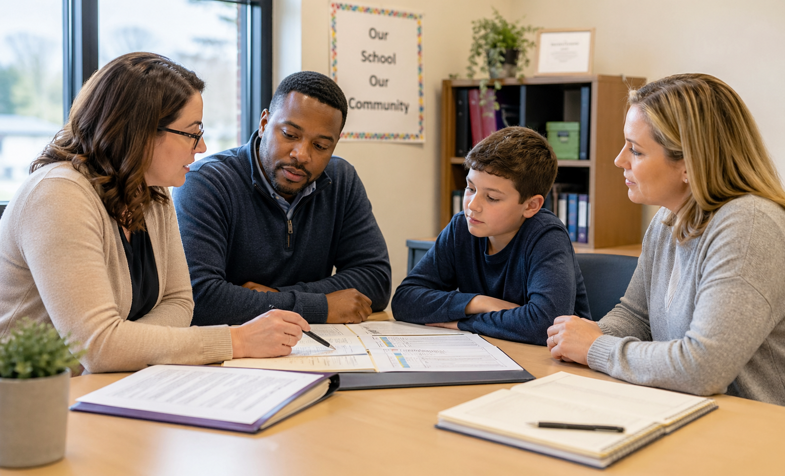 IEP meeting with parents, teachers, and student collaborating around a support plan table