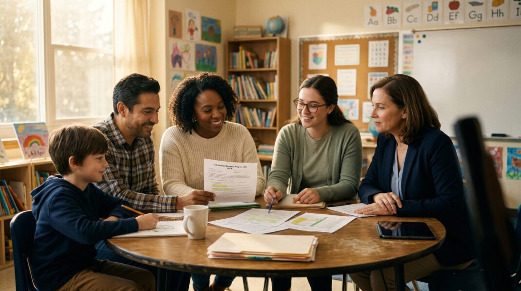A parent, child, and school staff reviewing an IEP document together during an IEP meeting in a classroom — what is an IEP in schools explained visually.