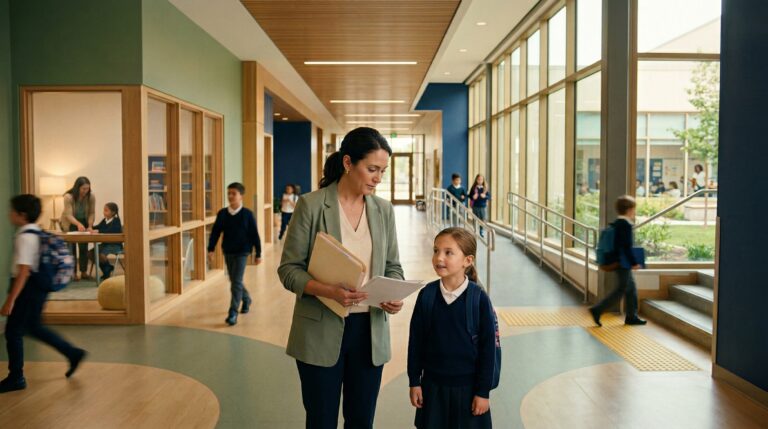Special education specialist discussing an IEP or 504 plan document with a child in a school corridor.