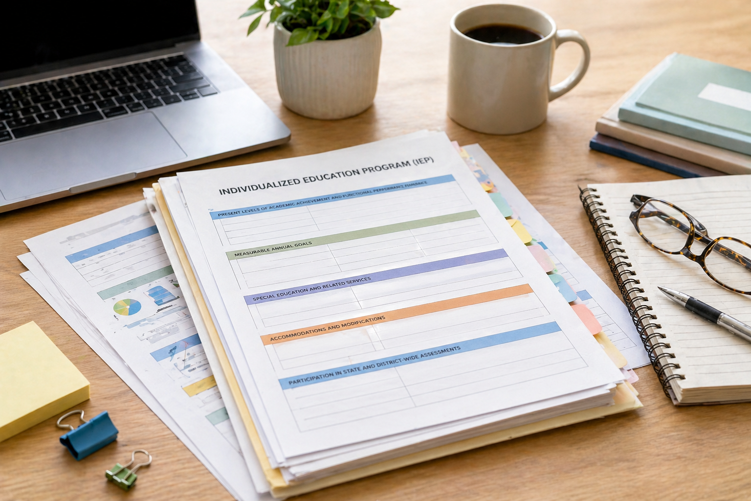 Individualized Education Program IEP document on a desk in a special education classroom