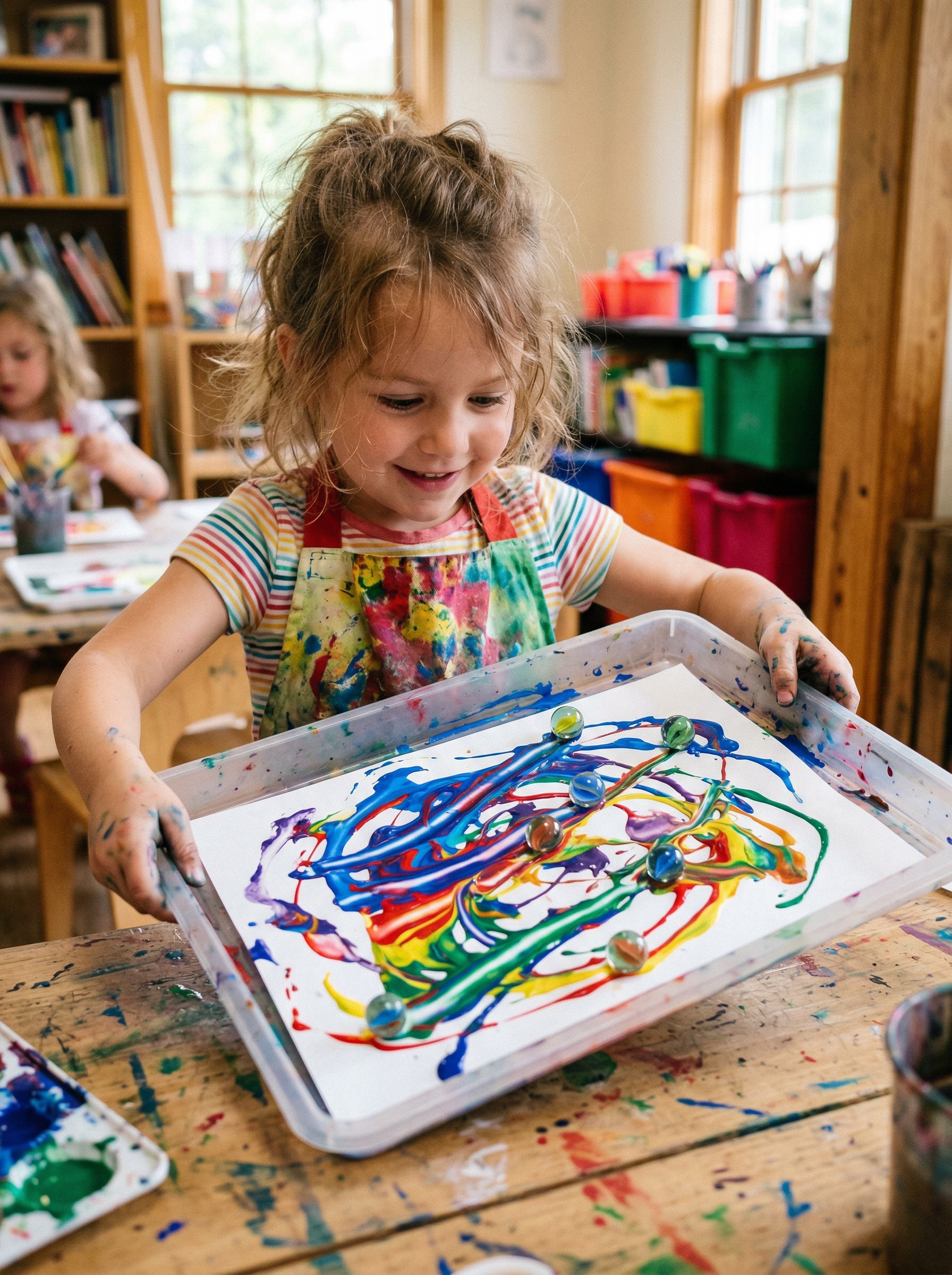 Child using tray movement for marble painting activity to create art without fine motor control