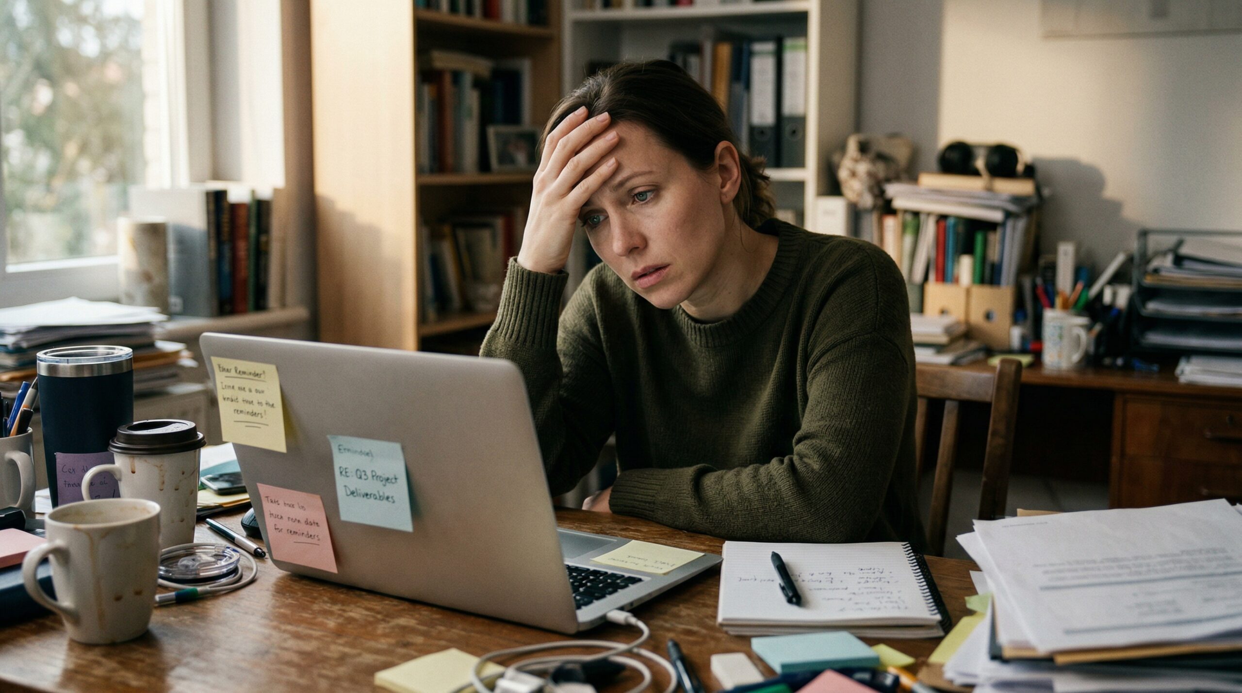 Adult with PDA sitting at an overwhelmed desk, papers and tasks piling up — illustrating demand overload in daily adult life