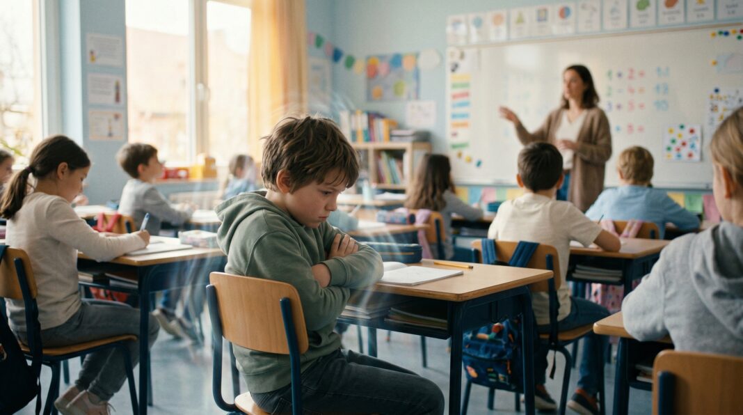 pda_autism_classroom_article_1 Autistic boy with PDA profile sitting arms crossed at his desk, disengaged from classroom instruction, illustrating demand avoidance behavior in a school setting.
