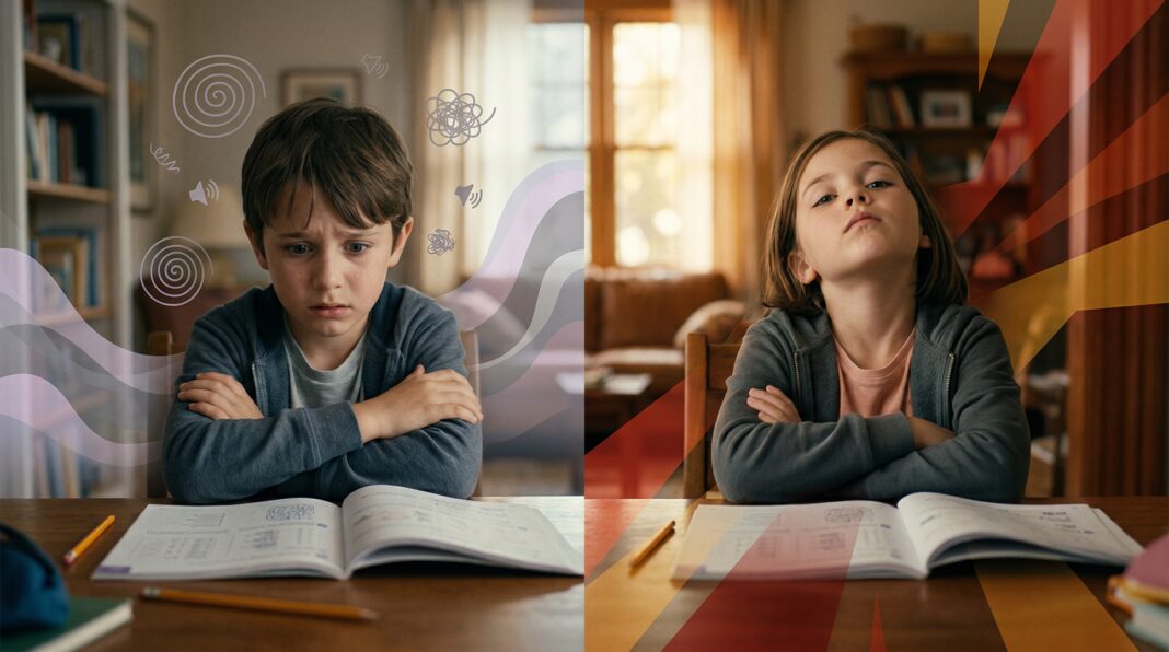 pda-vs-odd-comparison-children-anxiety-defiance Two children with arms crossed at a desk, illustrating the difference between PDA (anxiety-driven demand avoidance) and ODD (oppositional defiant disorder).