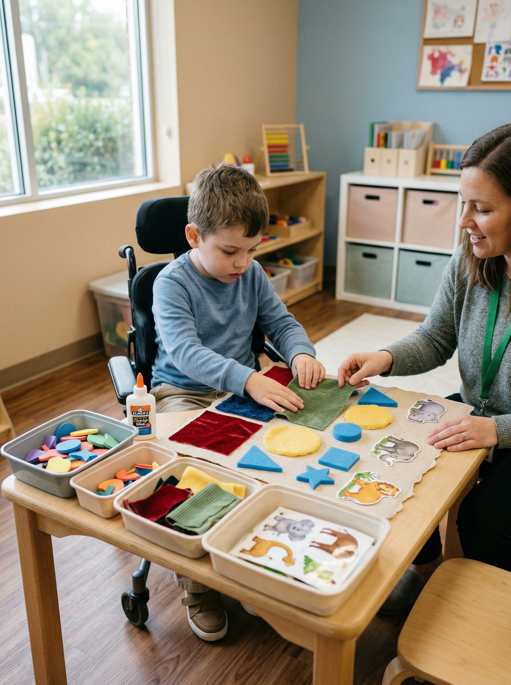 Child with motor challenges creating a sensory collage using large materials in a supportive environment