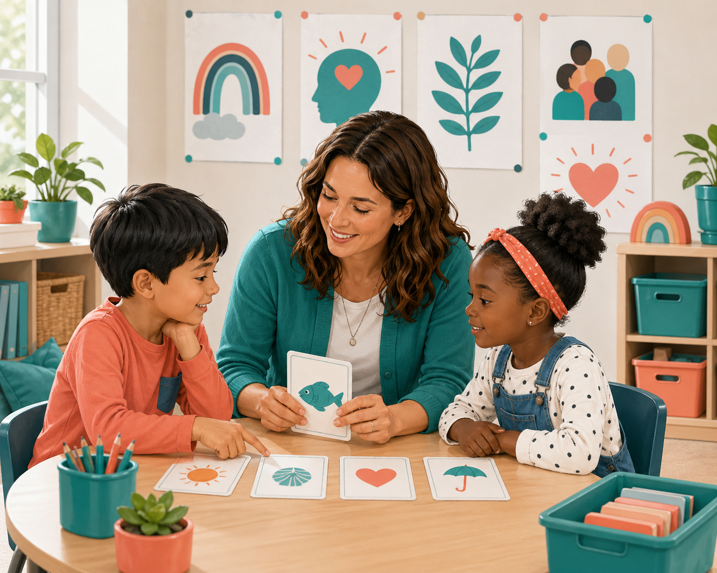 Resource teacher working with first grade students in a small group reading session
