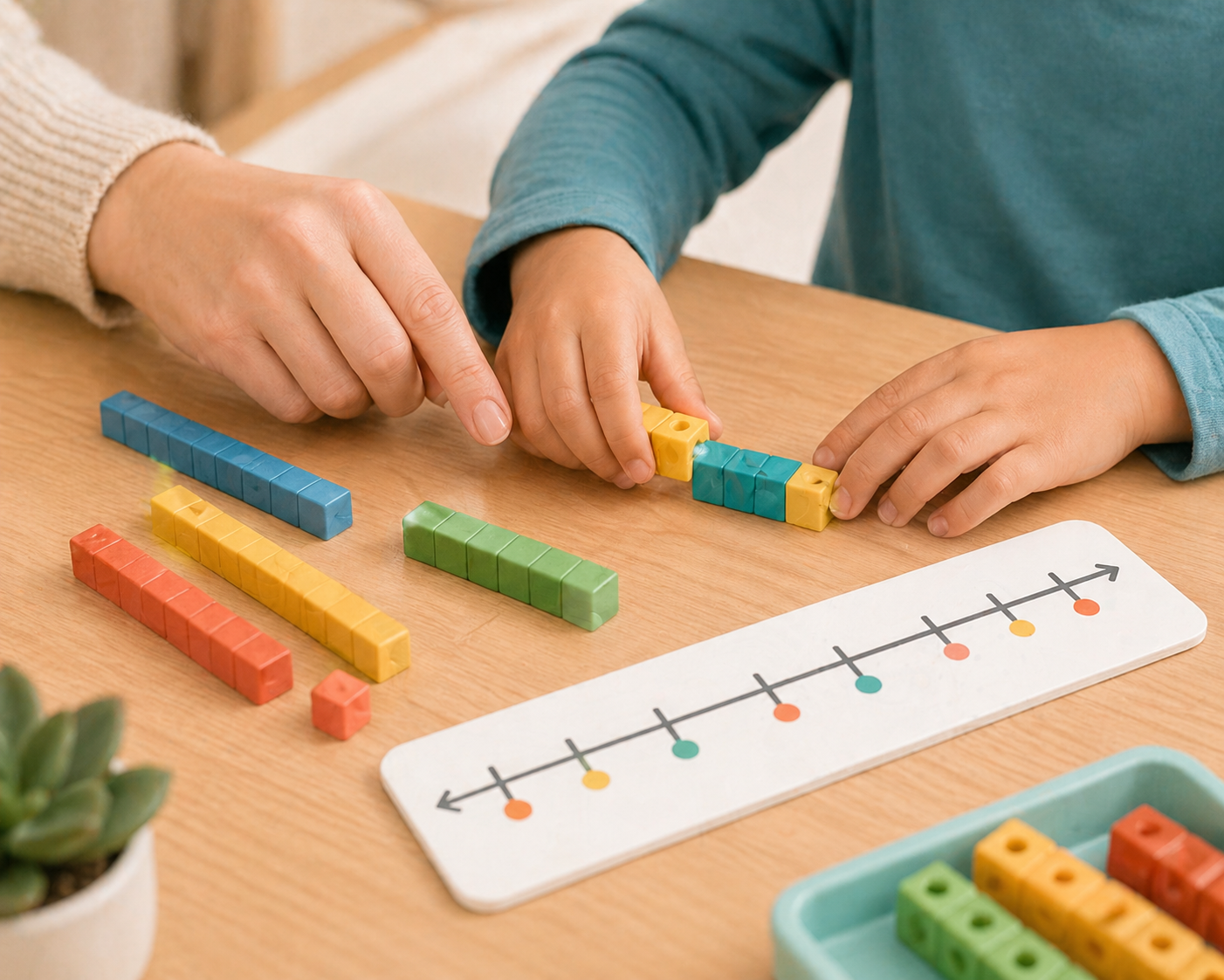 First grade student using base-ten blocks and linking cubes for math instruction with resource teacher guidance