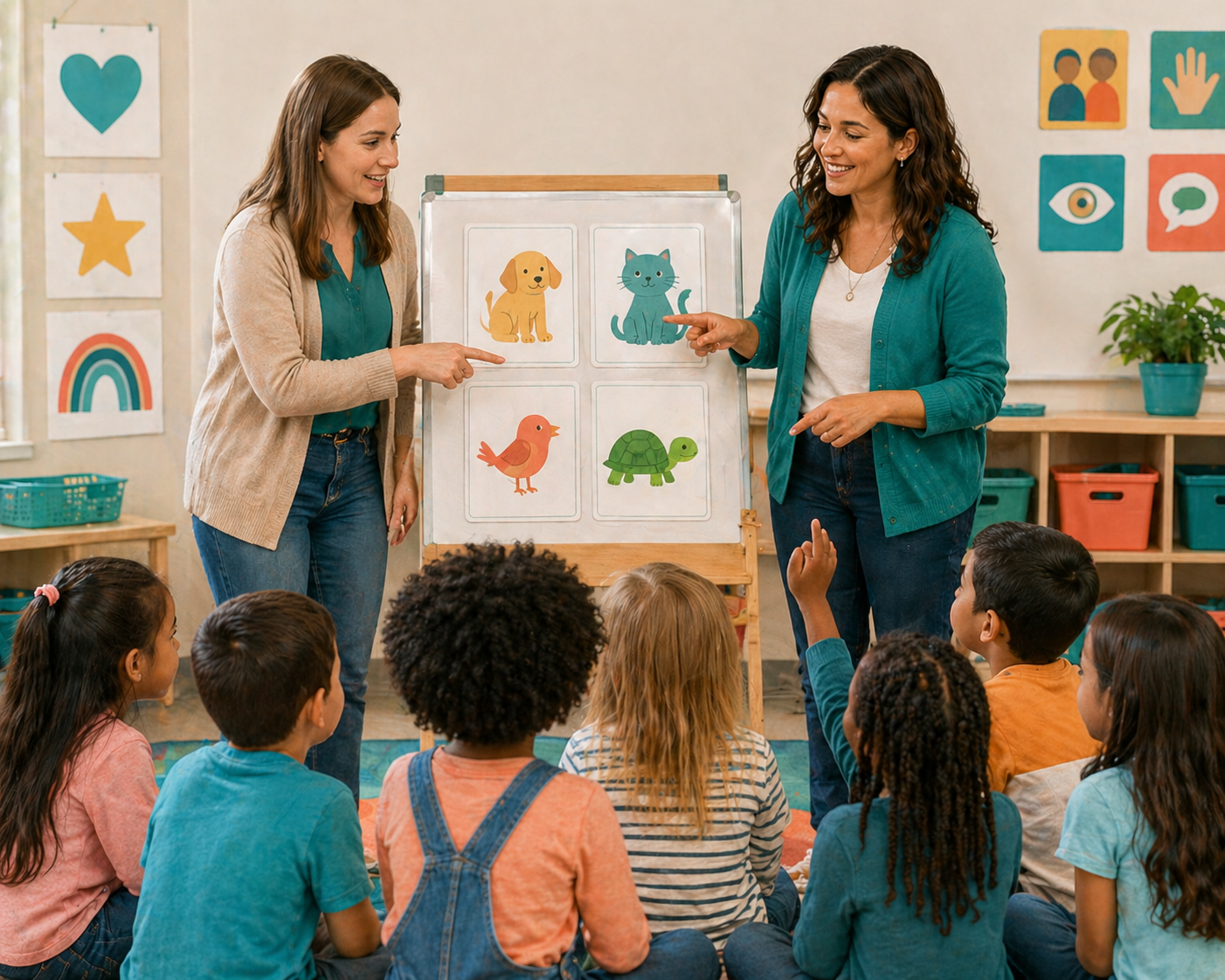 Resource teacher and general education teacher co-teaching a first grade reading lesson in an inclusive classroom