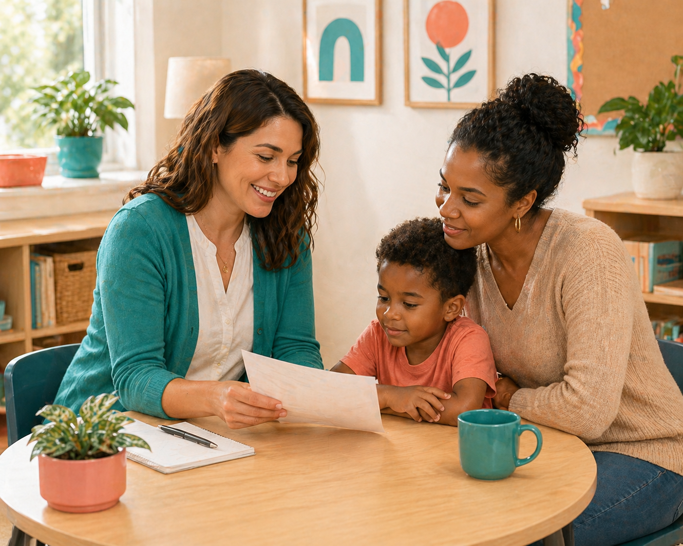 Special education resource teacher meeting with a first grade student's family to review IEP goals together
