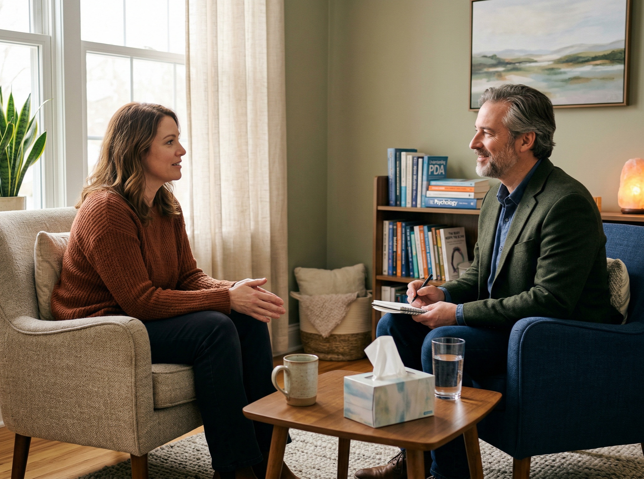 Adult with PDA in a therapy or assessment session with a clinician — illustrating the importance of PDA-informed clinical support