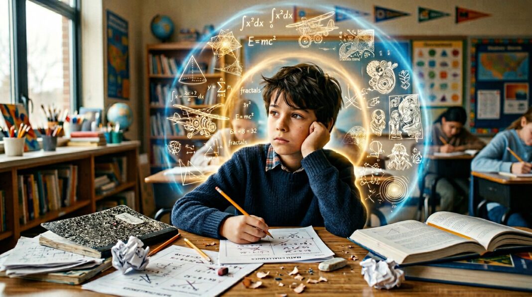 twice_exceptional_learners_1 Twice exceptional learner in a classroom, showing a gifted child with learning challenges surrounded by complex ideas and schoolwork