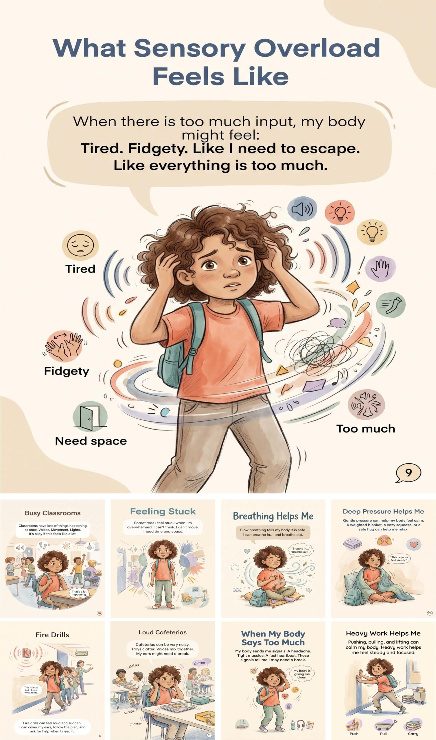 Visual guide page showing signs of sensory overload in kids, including feeling tired, fidgety, needing space, and needing a break