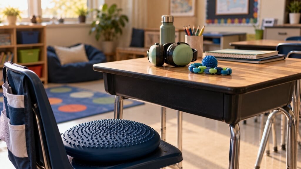 504 accommodation bank for ADHD: a classroom desk with a wobble cushion, noise-reducing headphones and a fidget tool