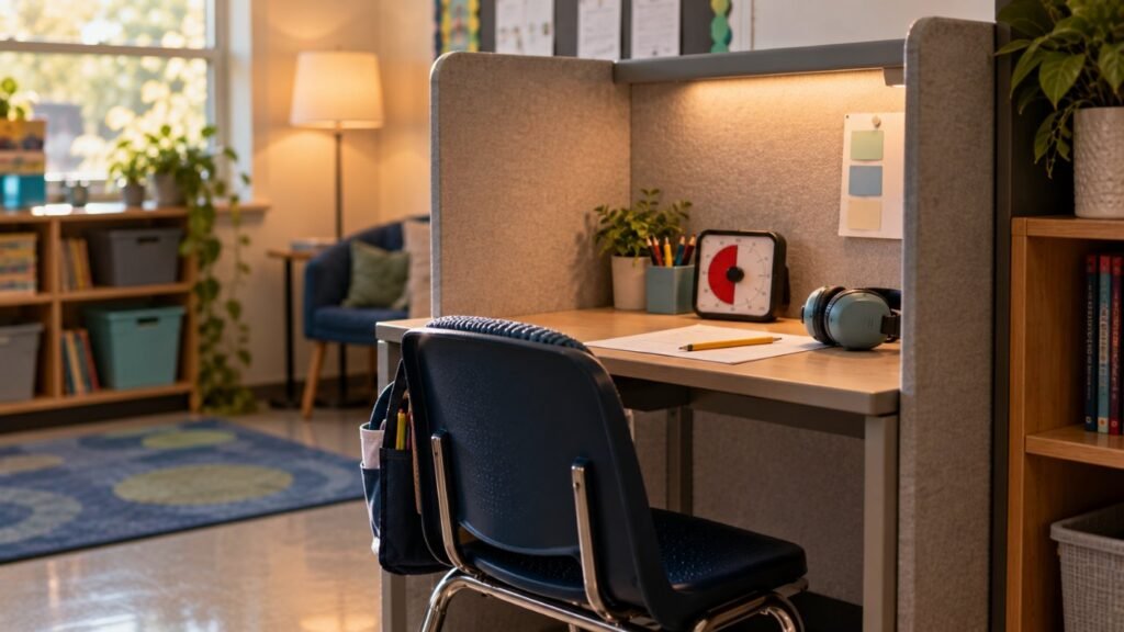 504 accommodations for ADHD: a quiet testing corner in a classroom with a study carrel, a timer and headphones