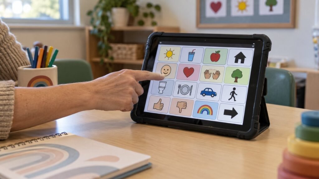 Teacher modeling language on a device to support AAC in the classroom