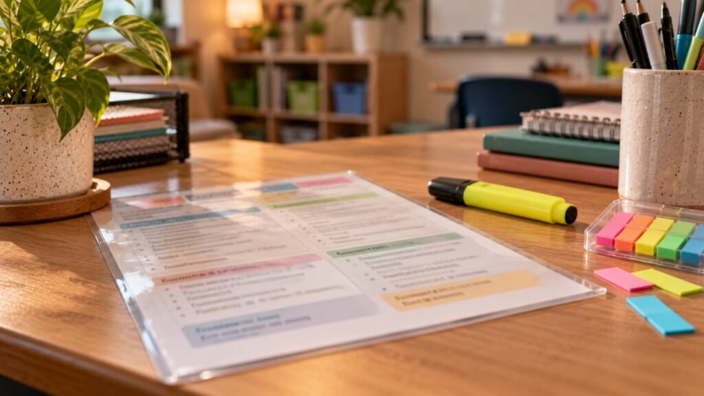 Accommodation cheat sheet for special education: a laminated one-page sheet with blurred unreadable text on a teacher desk, a highlighter and sticky flags