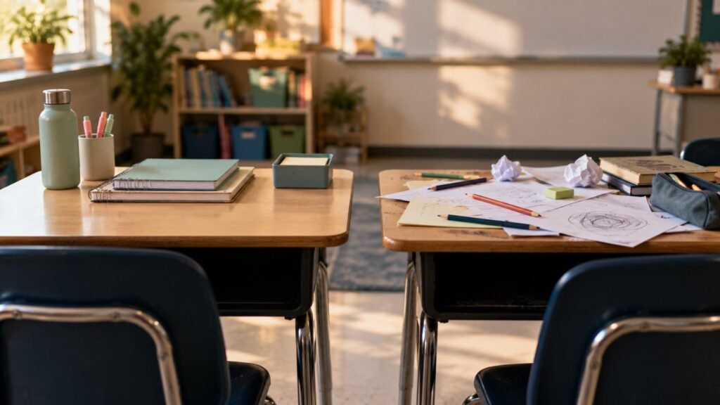 ADHD and gender differences: two empty classroom desks, one tidy with notebooks, one with scattered papers and doodles