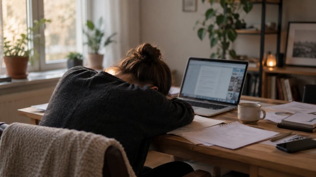 ADHD burnout: an exhausted adult resting on a cluttered desk