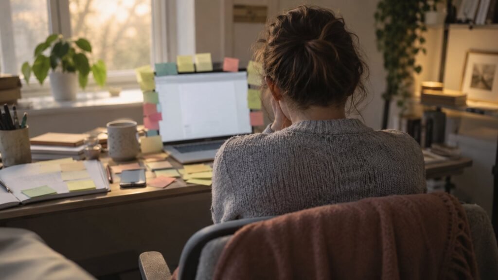 ADHD paralysis: an adult sits frozen at a desk surrounded by sticky notes and a long to-do list