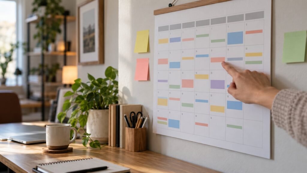 Time blocking on a wall calendar for ADHD time blindness