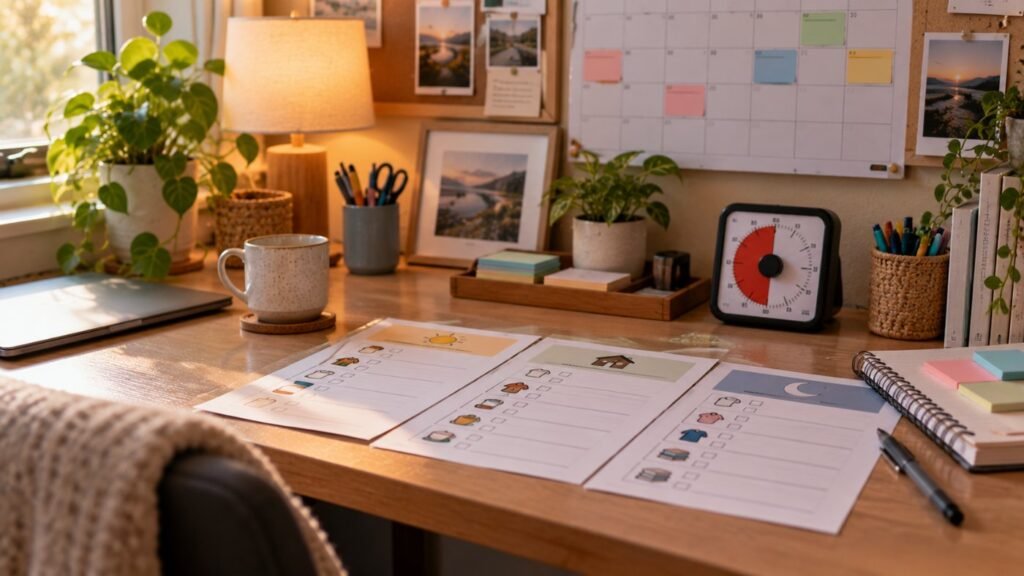 Adult ADHD daily systems: an adult home desk with printed routine checklists, a wall calendar and a visual timer