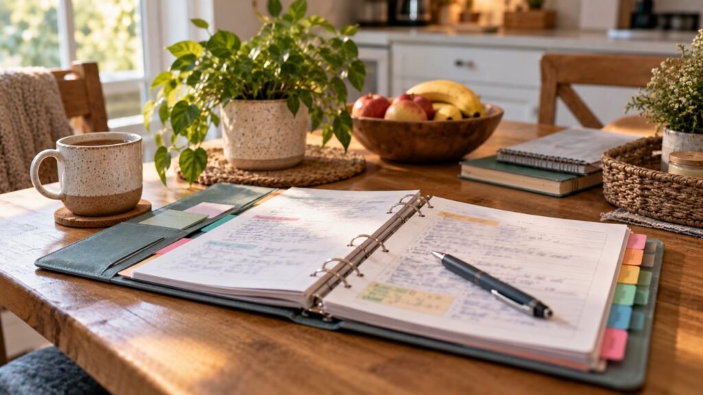 Advocating for your child with special needs: a parent binder with colored tabs, handwritten notes with blurred unreadable text and a pen on a kitchen table
