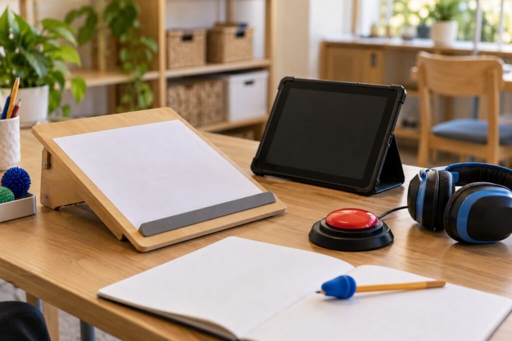 Assistive technology guide: low to high tech tools on a school table