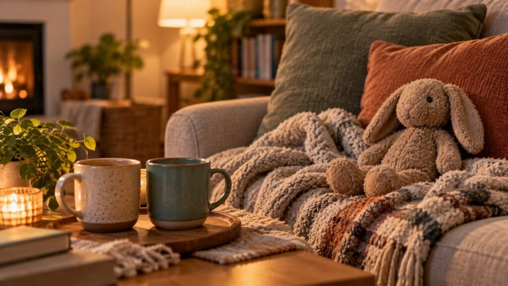 Attachment and autism: two mugs and a well-loved soft toy resting on a cozy sofa blanket in warm evening light