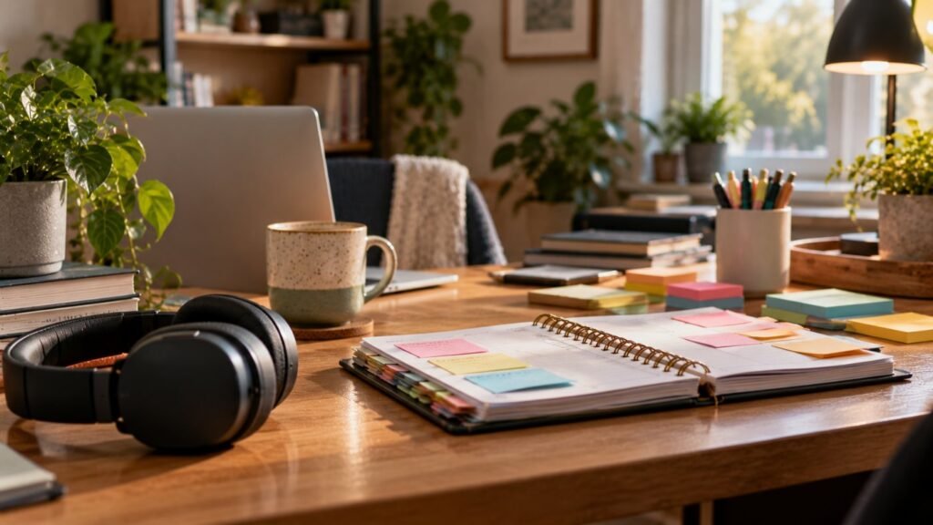 AuDHD in adults: an adult home office with noise-cancelling headphones, a planner and many colorful sticky notes