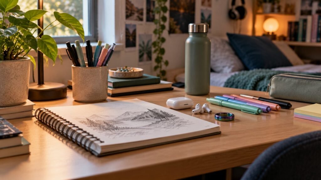 AuDHD in girls: a teen desk with a sketchbook, earbuds, a fidget ring and neatly arranged pens
