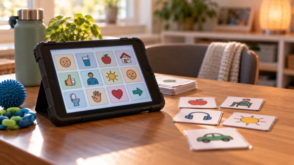 Autism and echolalia: a tablet showing a communication app with simple icons and no text, next to picture cards on a table