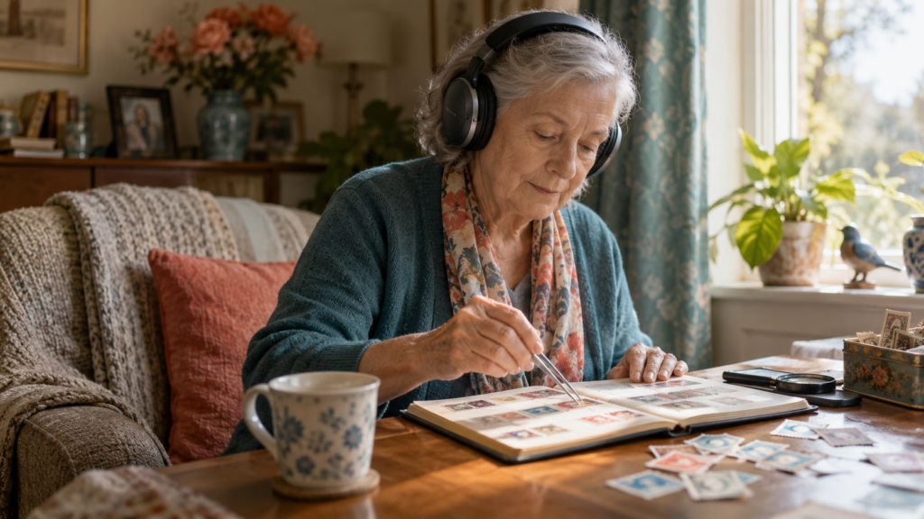 Autism in older adults: a woman in her 70s wearing noise-cancelling headphones while sorting her stamp collection