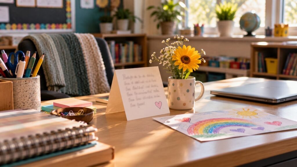 Autism success story: a teacher desk with a handwritten thank-you card with unreadable text, a colorful drawing and a small flower in a cup