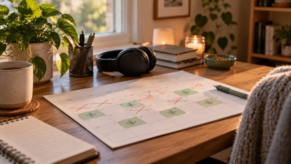 Autistic burnout in adults: a calendar with meetings crossed out and rest blocks added