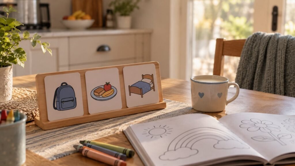 Autistic burnout in children: a simplified visual schedule with only three picture cards on a kitchen table