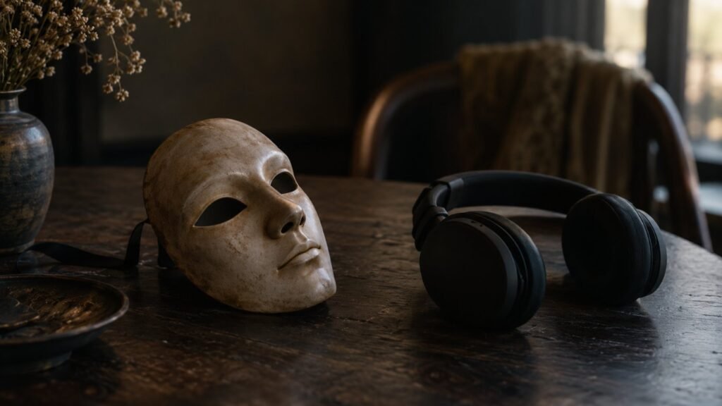 Autistic masking: a neutral theater mask next to noise-cancelling headphones