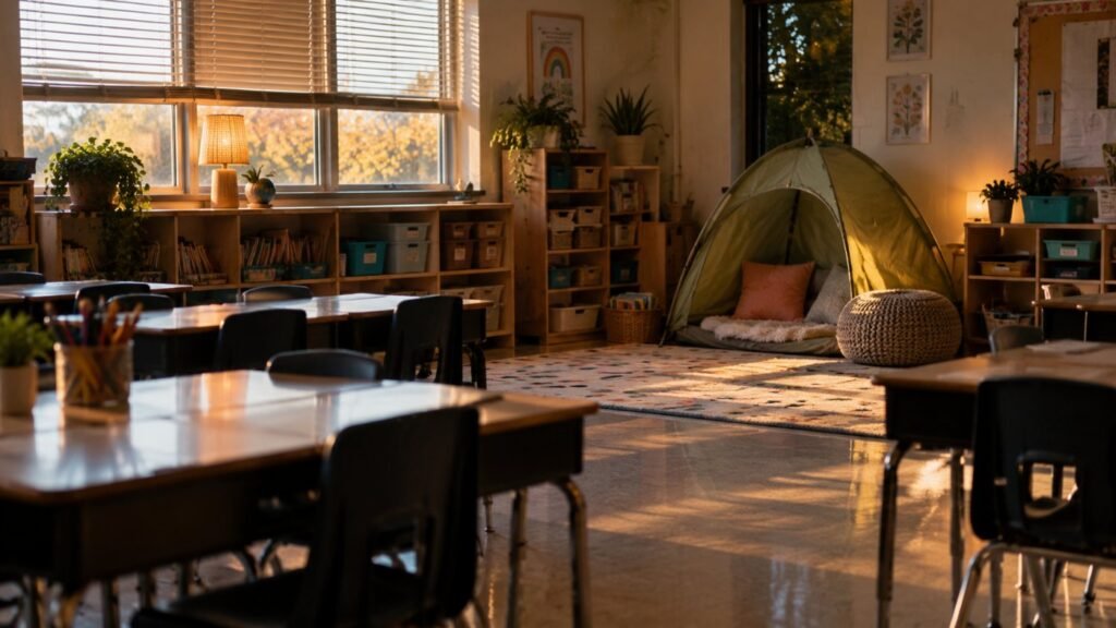 Autistic meltdowns in the classroom: a quiet classroom with lights off, warm daylight and a small calm tent in the corner