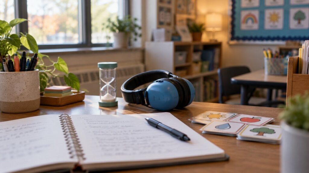 Autistic meltdowns in the classroom: a teacher desk with a behavior notebook, sand timer, noise-cancelling headphones and picture cards