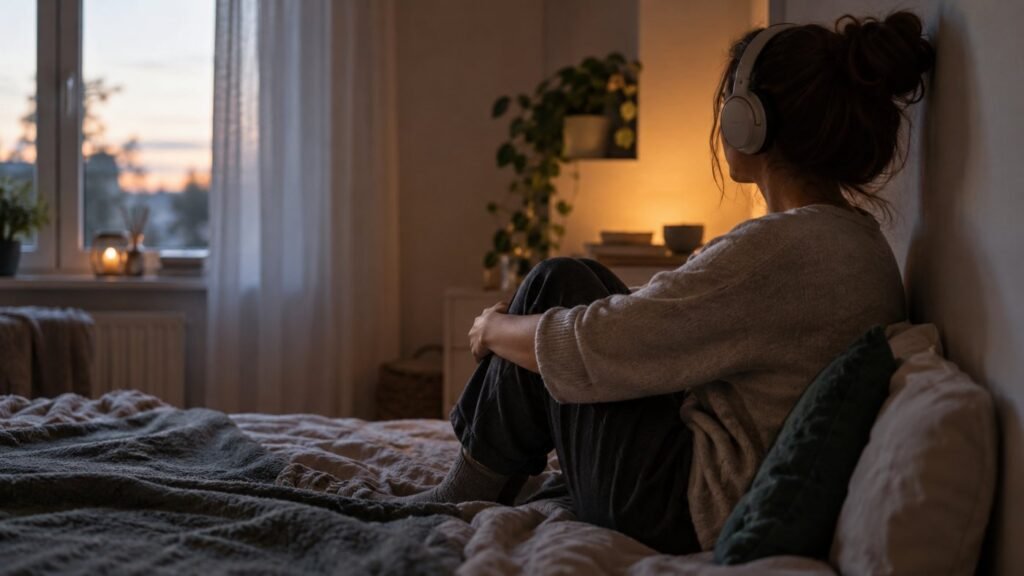 Autistic shutdown in adults: a woman sits still on her bed in a dim room wearing noise-cancelling headphones