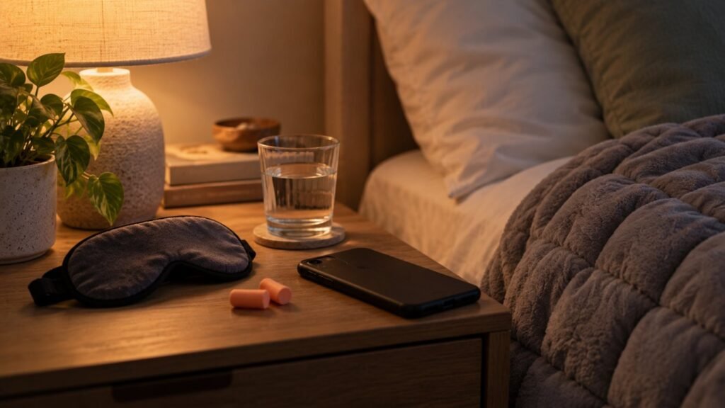 Autistic shutdown in adults: a recovery kit with earplugs, a sleep mask, water and a weighted blanket