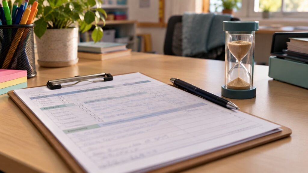 Behavior de-escalation log: a clipboard with a one-page incident log form with blurred unreadable lines, a pen and a sand timer on a teacher desk